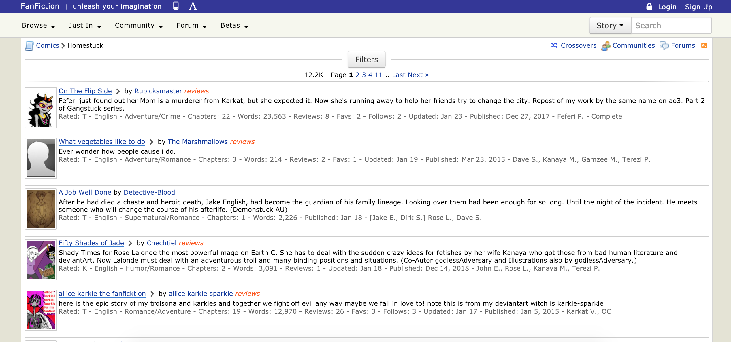 A screenshot of fanfiction.net, a website for users to create alternate stories based on, in this case, Homestuck